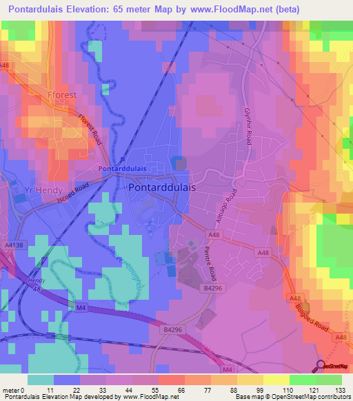 Pontardulais,UK Elevation Map
