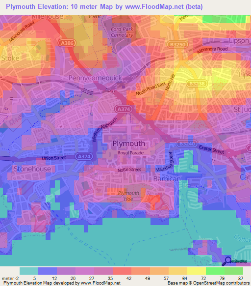 Plymouth,UK Elevation Map