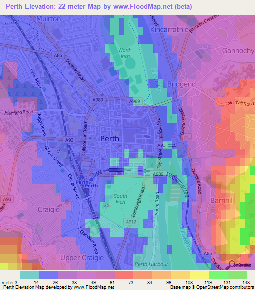 Perth,UK Elevation Map