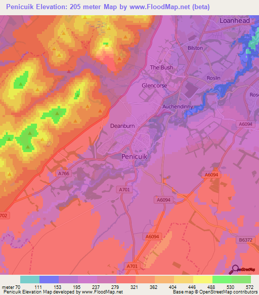 Penicuik,UK Elevation Map