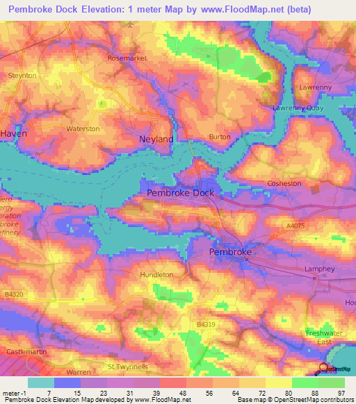 Pembroke Dock,UK Elevation Map