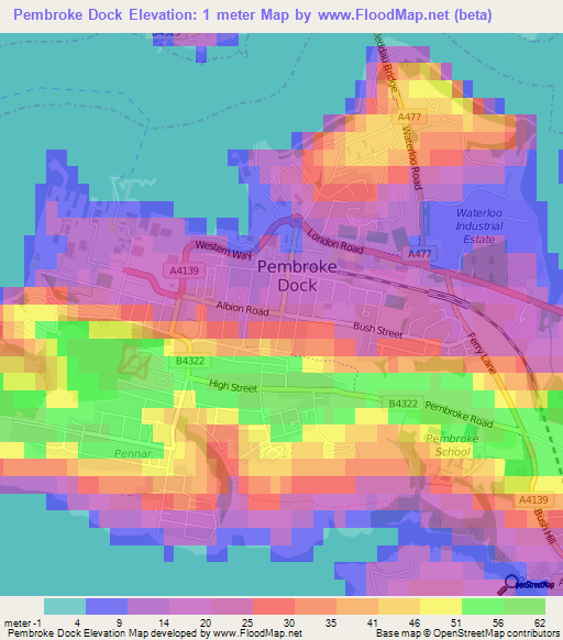 Pembroke Dock,UK Elevation Map