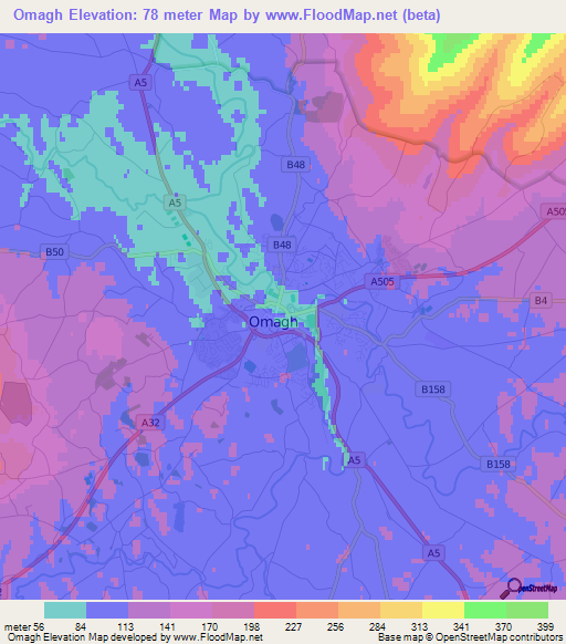 Omagh,UK Elevation Map