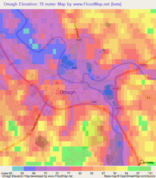 Omagh,UK Elevation Map