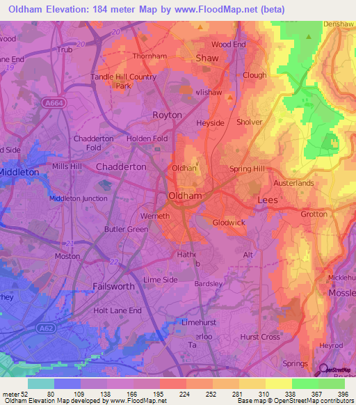 Oldham,UK Elevation Map