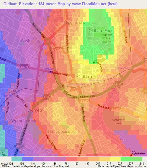 Oldham,UK Elevation Map