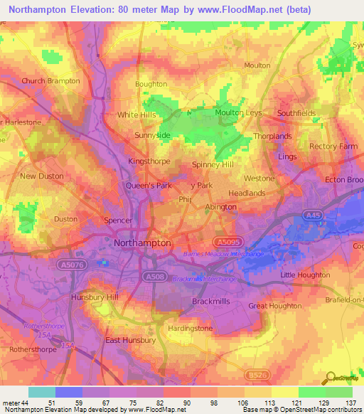 Northampton,UK Elevation Map