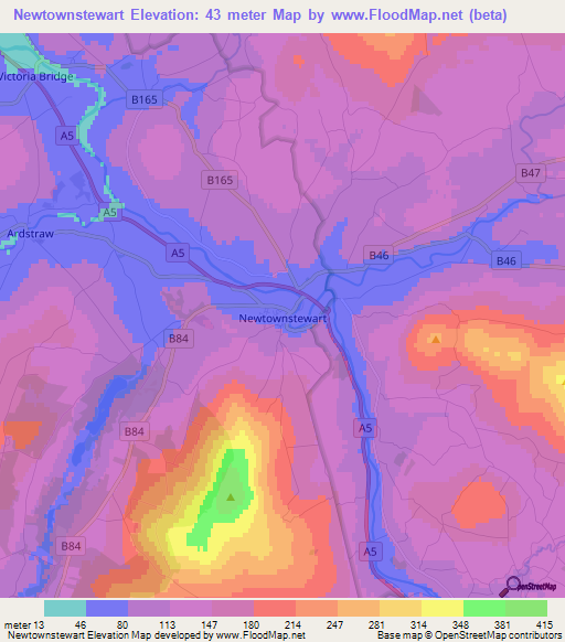 Newtownstewart,UK Elevation Map