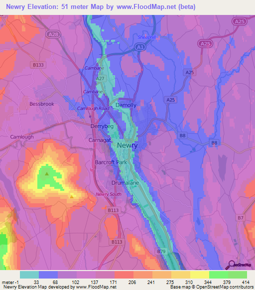 Newry,UK Elevation Map