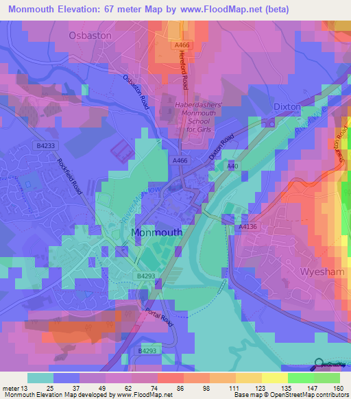 Monmouth,UK Elevation Map