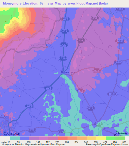 Moneymore,UK Elevation Map