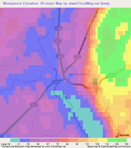 Moneymore,UK Elevation Map