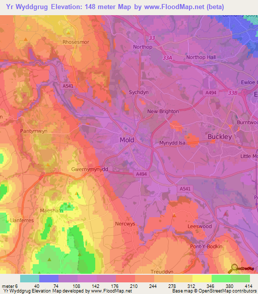 Yr Wyddgrug,UK Elevation Map