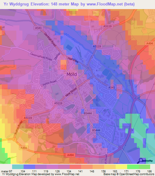 Yr Wyddgrug,UK Elevation Map