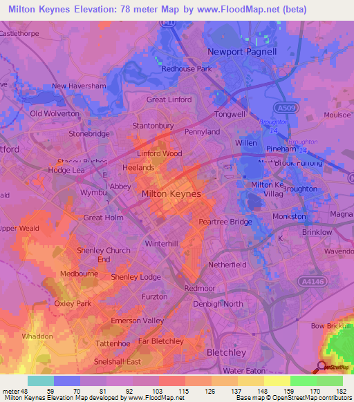 Milton Keynes,UK Elevation Map