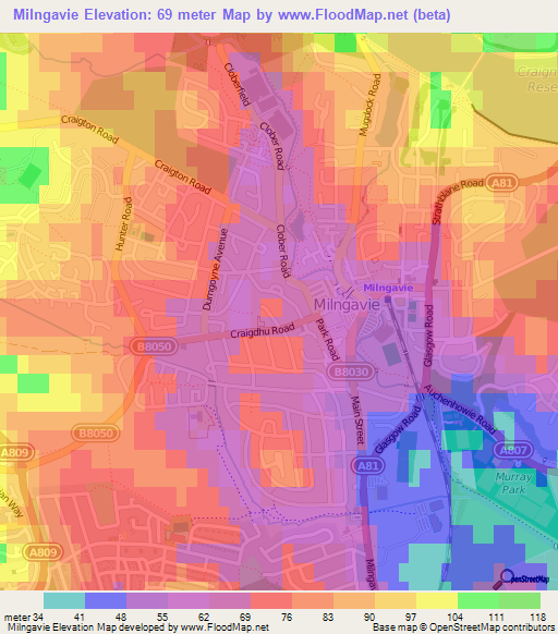 Milngavie,UK Elevation Map