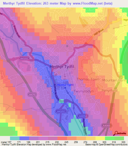 Merthyr Tydfil,UK Elevation Map