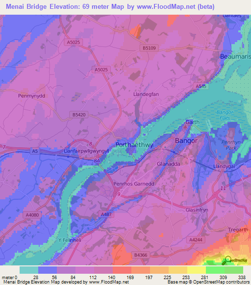 Menai Bridge,UK Elevation Map