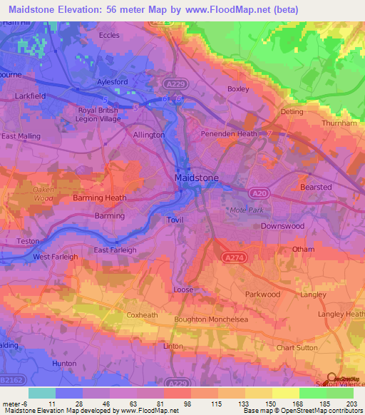 Maidstone,UK Elevation Map
