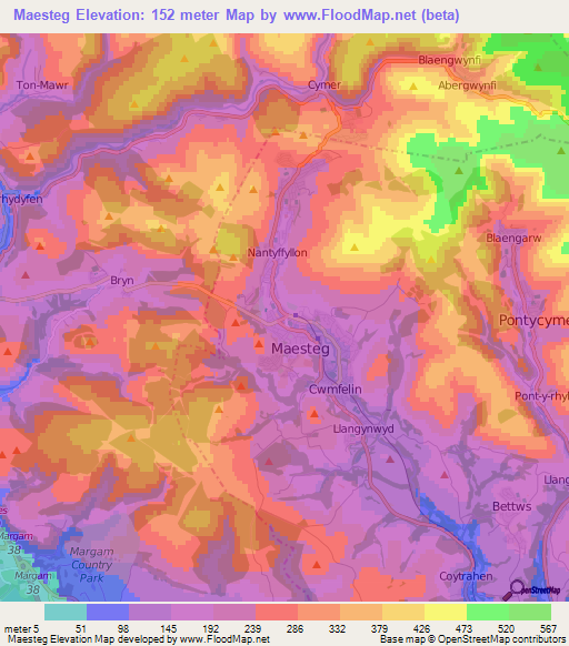 Maesteg,UK Elevation Map