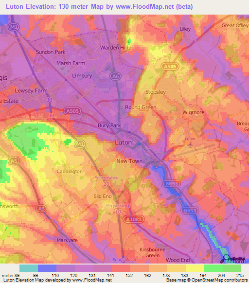 Luton,UK Elevation Map