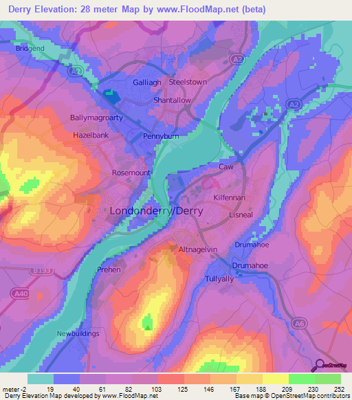 Derry,UK Elevation Map
