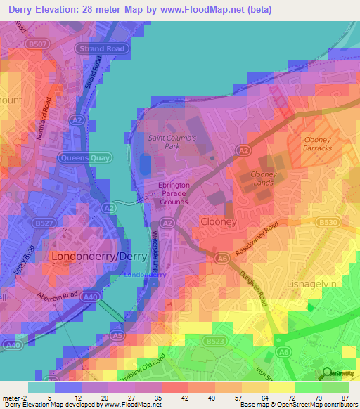 Derry,UK Elevation Map
