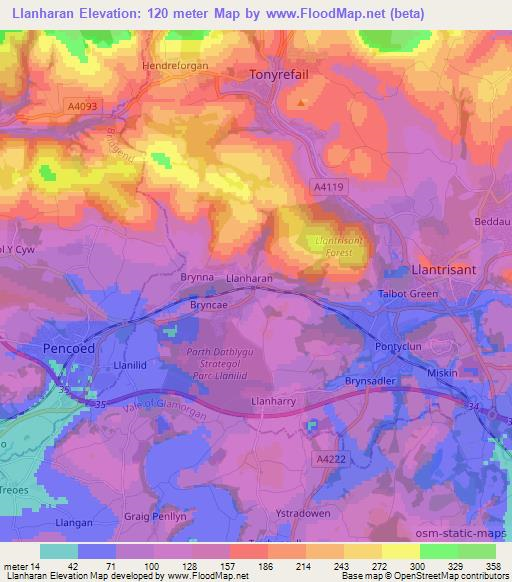 Llanharan,UK Elevation Map