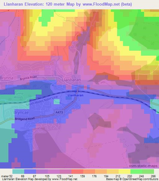 Llanharan,UK Elevation Map