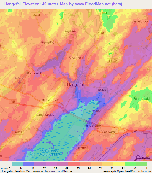 Llangefni,UK Elevation Map