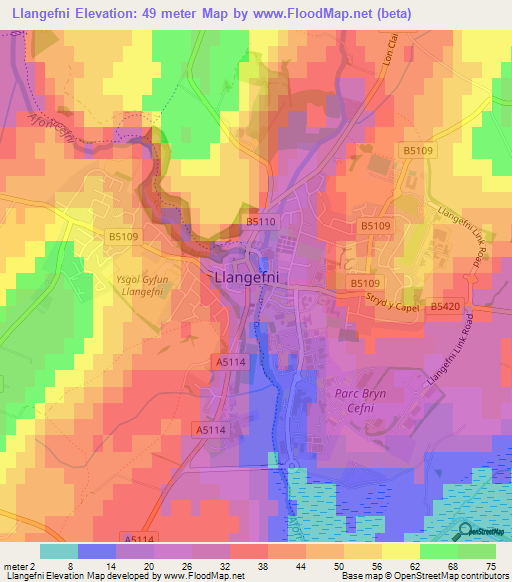 Llangefni,UK Elevation Map