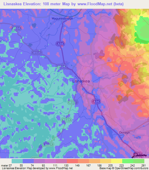 Lisnaskea,UK Elevation Map