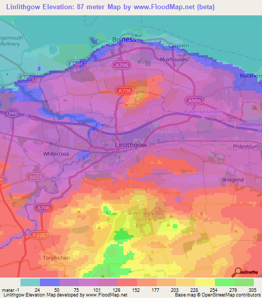 Linlithgow,UK Elevation Map