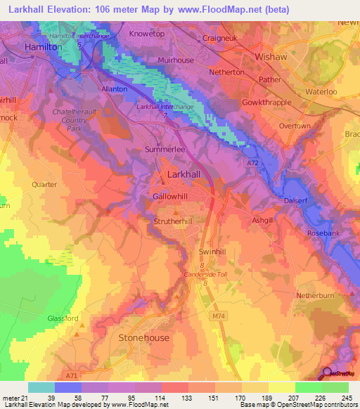 Larkhall,UK Elevation Map
