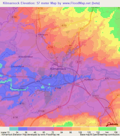 Kilmarnock,UK Elevation Map