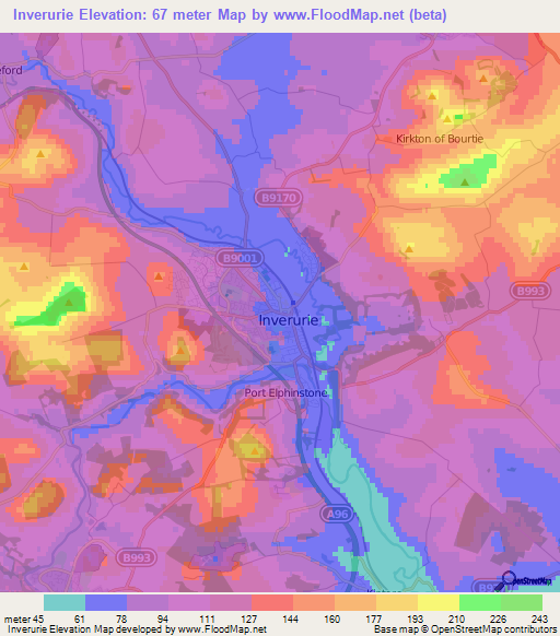 Inverurie,UK Elevation Map