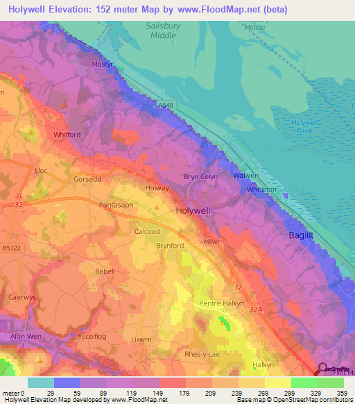 Holywell,UK Elevation Map