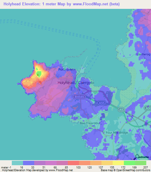 Holyhead,UK Elevation Map