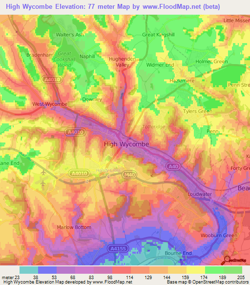 High Wycombe,UK Elevation Map