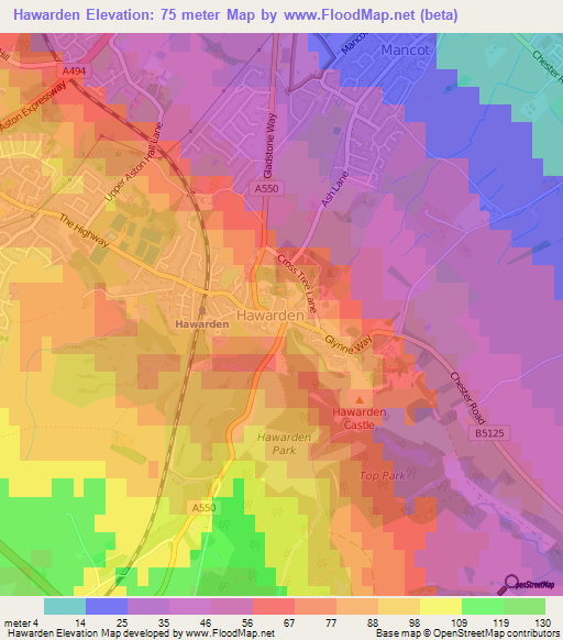 Hawarden,UK Elevation Map
