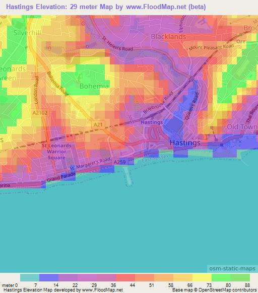 Hastings,UK Elevation Map