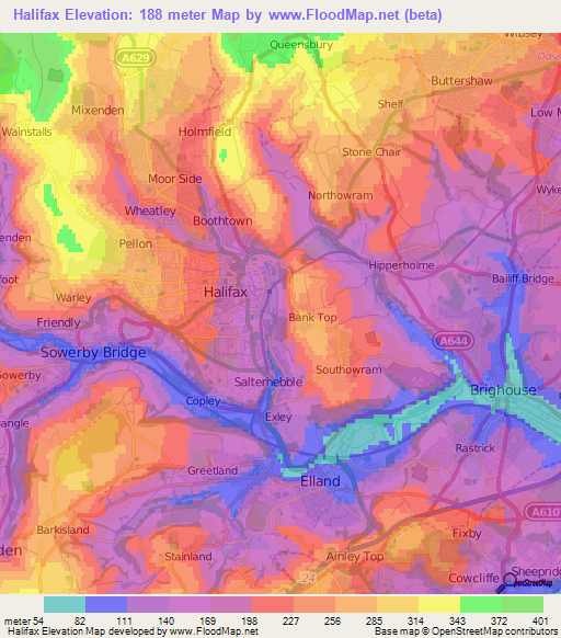 Halifax,UK Elevation Map