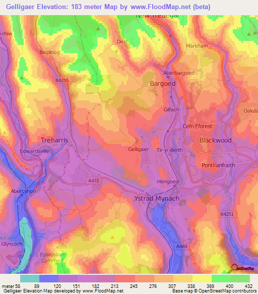 Gelligaer,UK Elevation Map