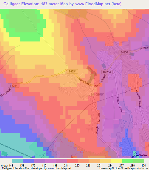 Gelligaer,UK Elevation Map