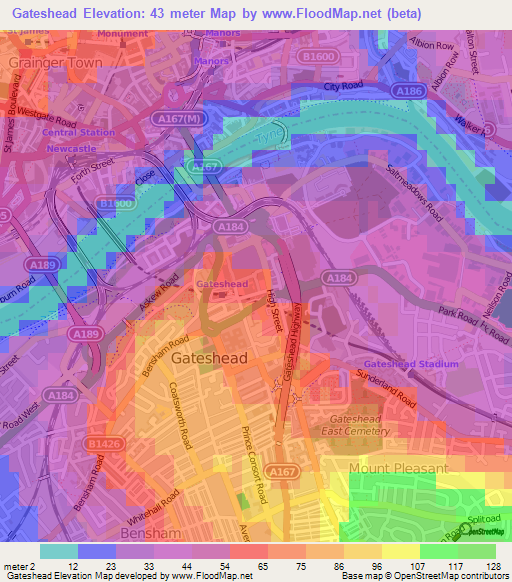 Gateshead,UK Elevation Map