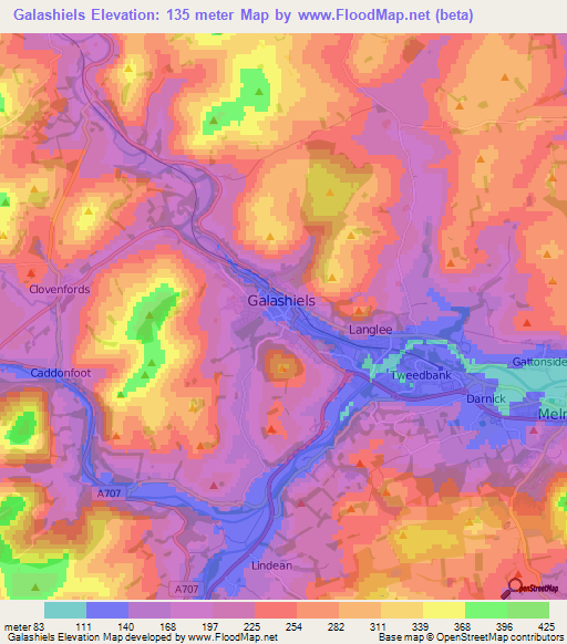 Galashiels,UK Elevation Map