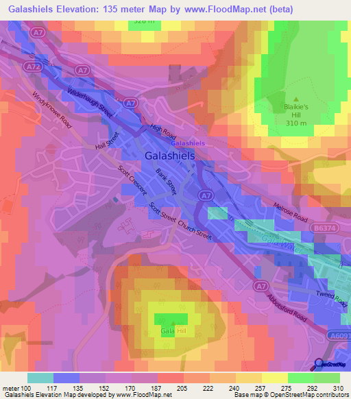 Galashiels,UK Elevation Map