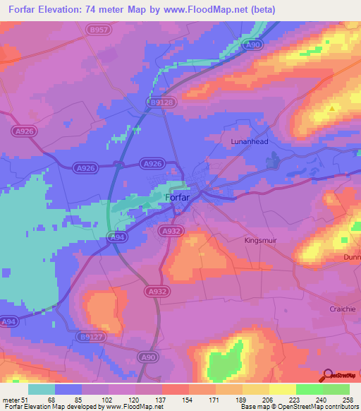 Forfar,UK Elevation Map
