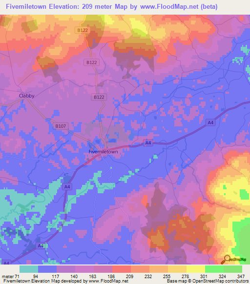 Fivemiletown,UK Elevation Map