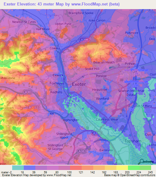 Exeter,UK Elevation Map